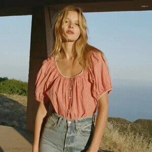 Doen Red Gingham Button Down Top